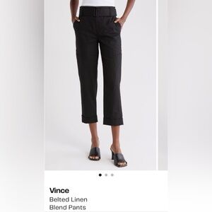 Vince Black Belted Cropped Linen-Blend Pants